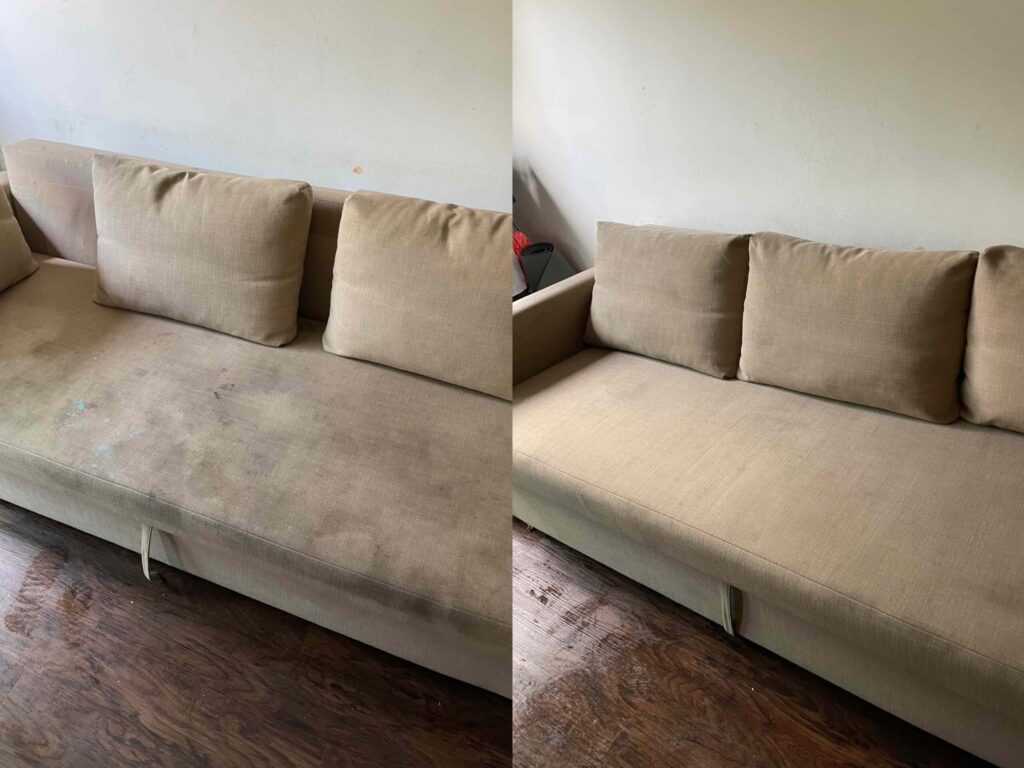 Before and after comparison of a heavily stained, extremely dirty couch restored to a fresh, clean condition after professional deep cleaning