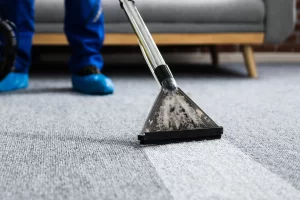 Professional carpet cleaner deep cleaning a residential carpet in a Los Angeles home