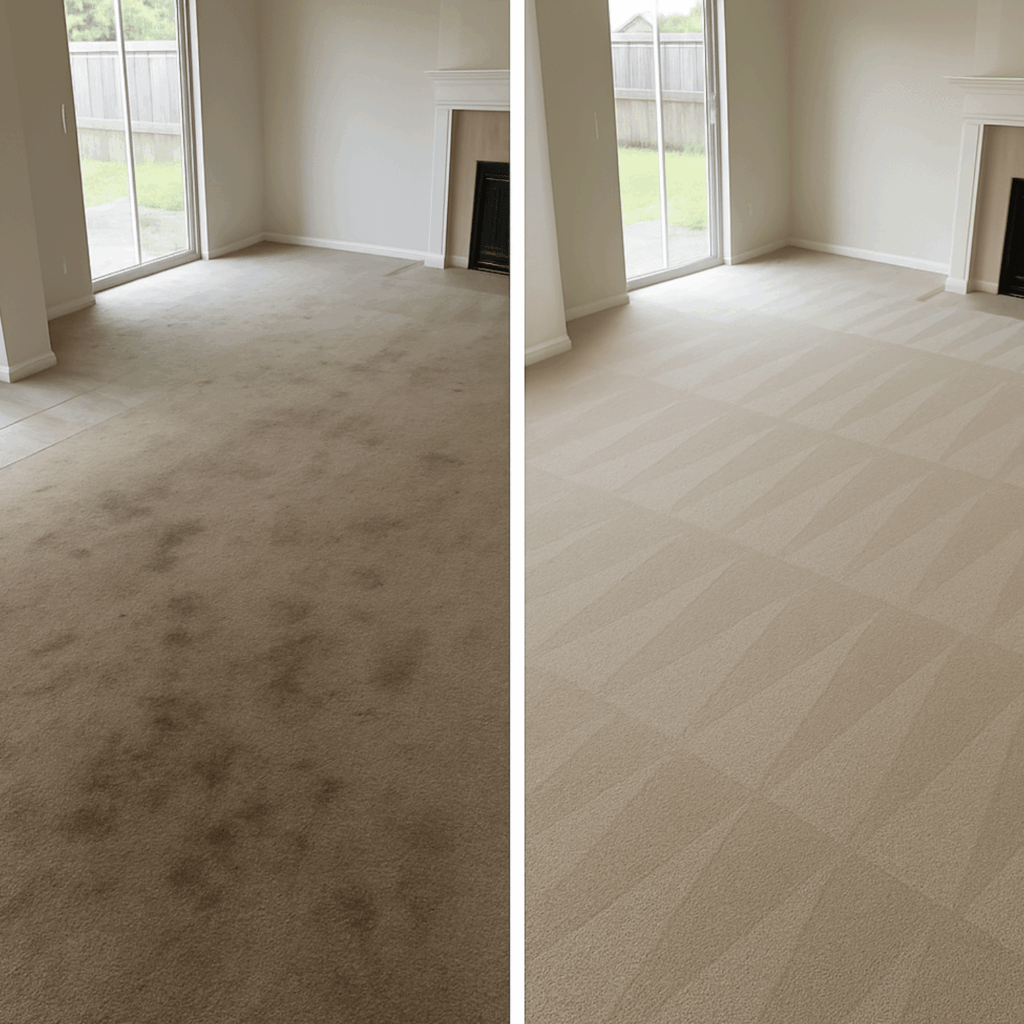Living room carpet professionally cleaned, leaving the carpet looking fresh, bright, and well-maintained.